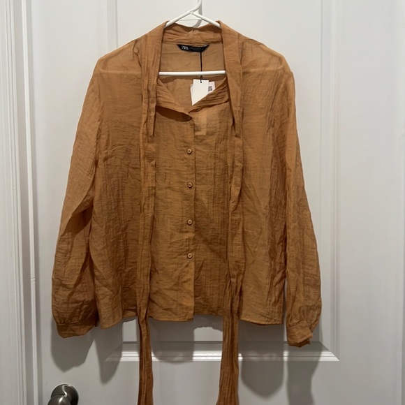 Zara Tops - Zara See Through Lightweight Tan Flowy Button Up Women’s Size L